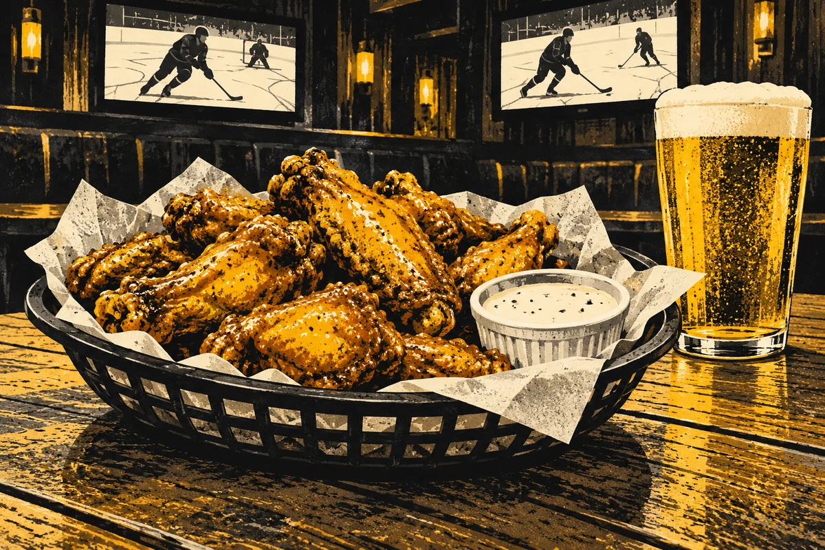 SideStreet illustration of wings, a draft beer and abstract game screens in a wood-paneled sports-bar setting.