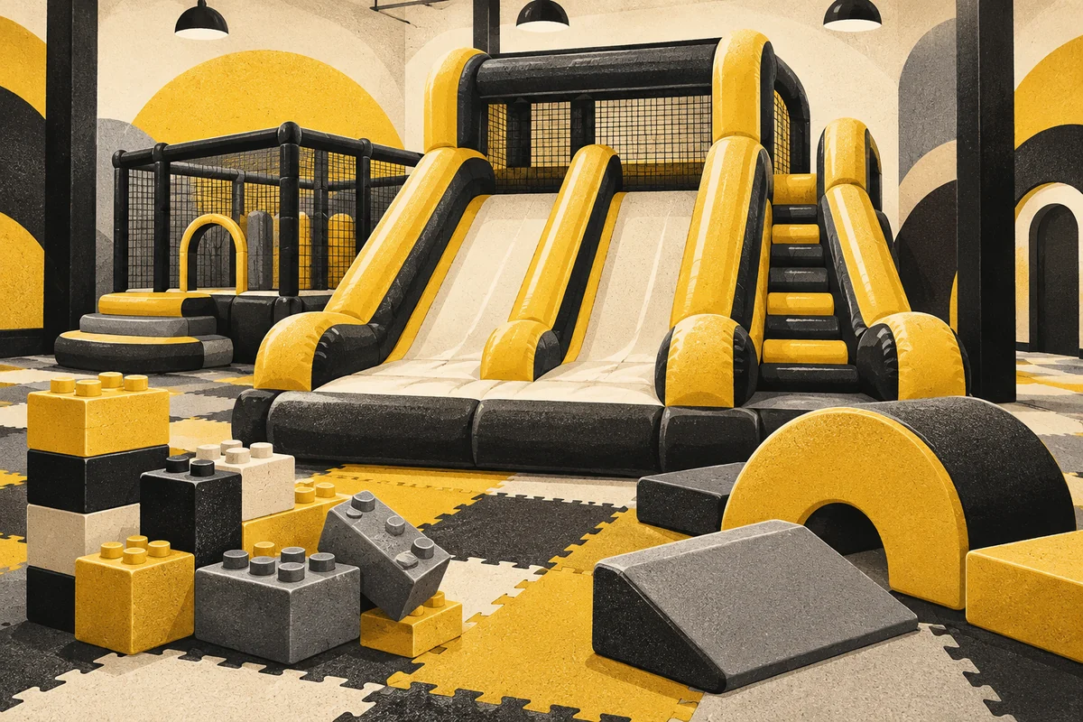 SideStreet illustration of inflatable slides, a bounce enclosure and oversized building blocks on a soft-play floor.
