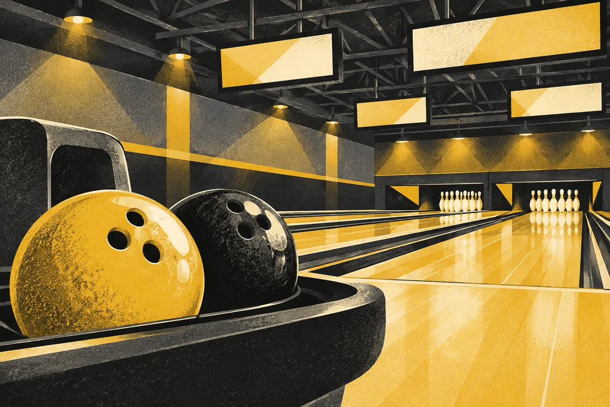 SideStreet illustration of two bowling balls on a return with modern lanes and blank overhead score screens.