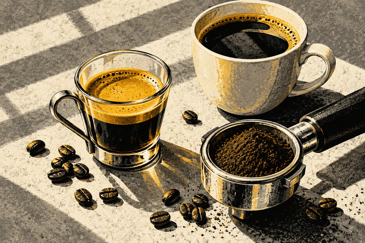 SideStreet illustration of espresso, a coffee cup, a portafilter and coffee beans on a sunlit counter.