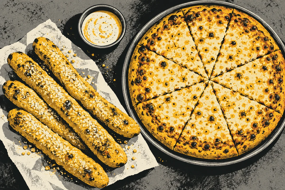 SideStreet illustration of a round cheese pizza, long breadsticks and a small dipping cup.