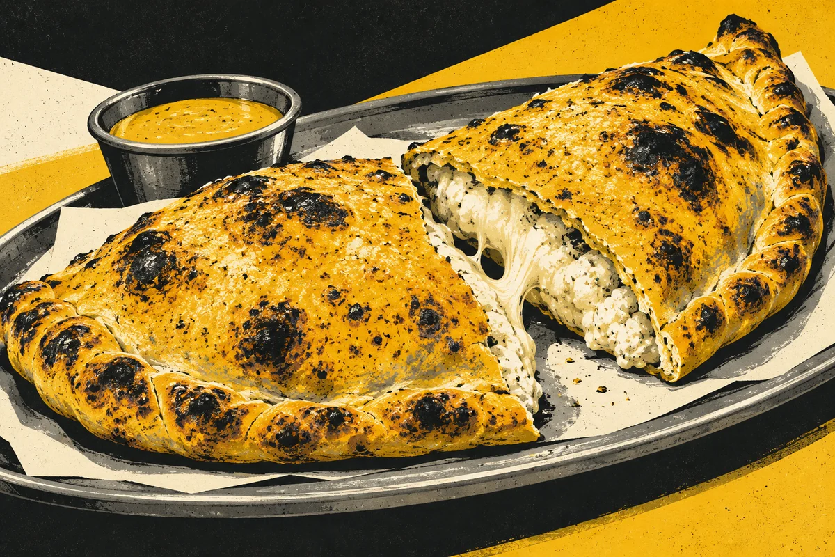 SideStreet illustration of a baked calzone cut open to show ricotta and provolone filling.