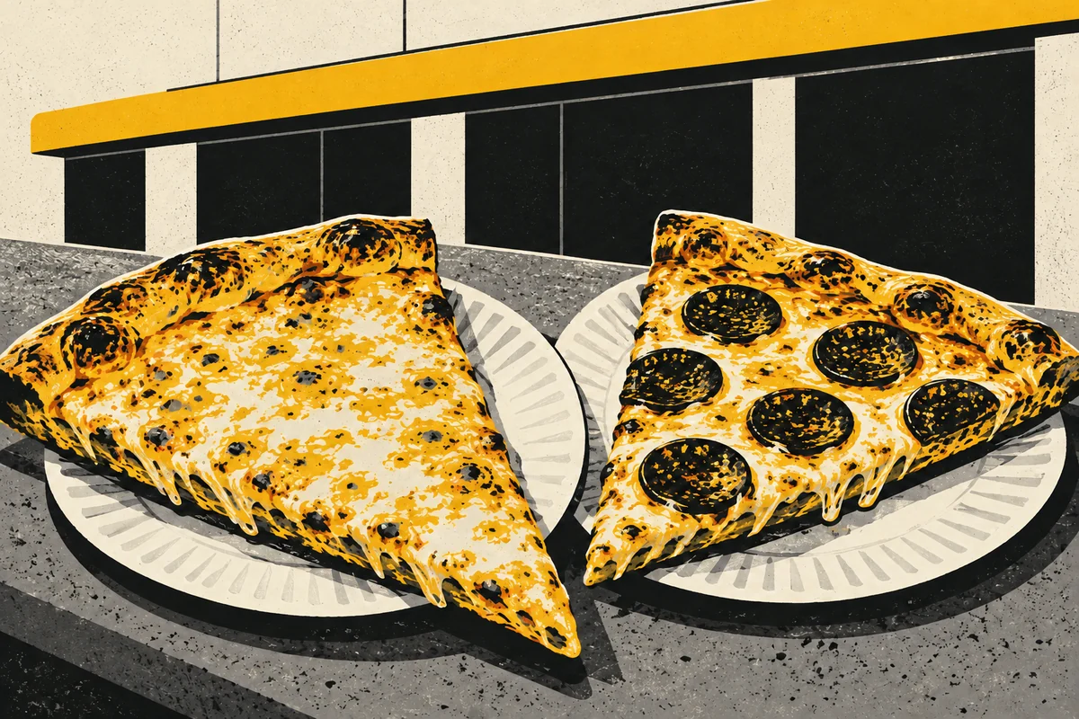 SideStreet illustration of cheese and pepperoni pizza slices with a simplified canopy and window backdrop.