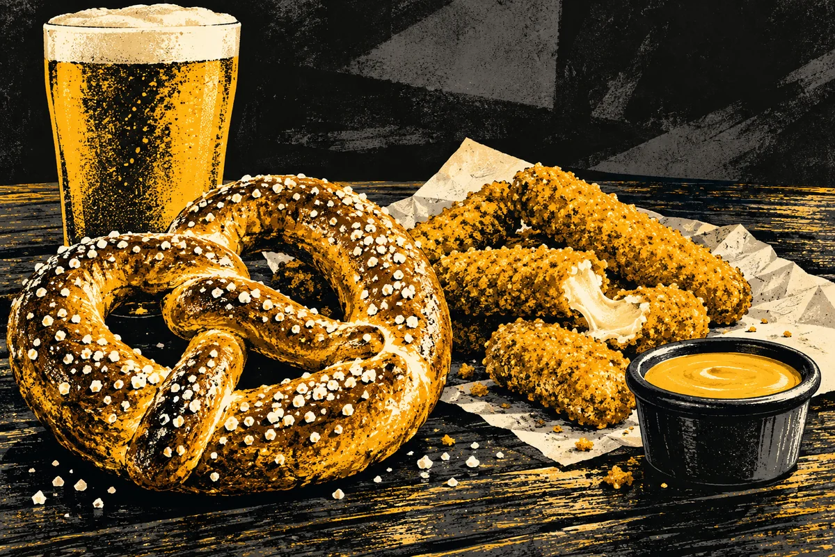 SideStreet illustration of a soft pretzel, mozzarella sticks, dipping sauce and a draft beer.