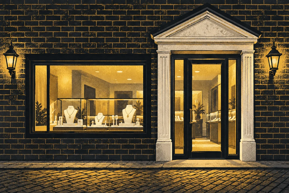 SideStreet interpretation of ALLAN Jewelers in Beaver, with its pale triangular entrance surround, brick facade and glowing jewelry display.