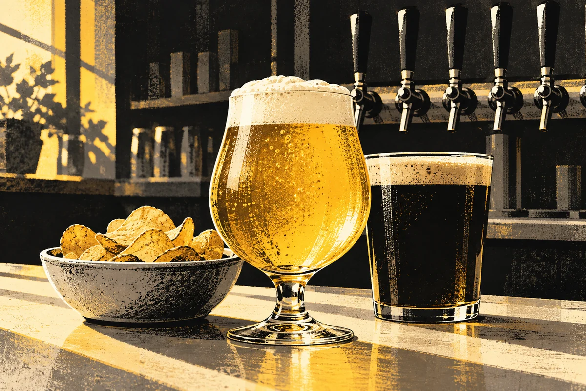 SideStreet illustration of golden and dark draft beers with potato chips at a compact neighborhood taproom counter.
