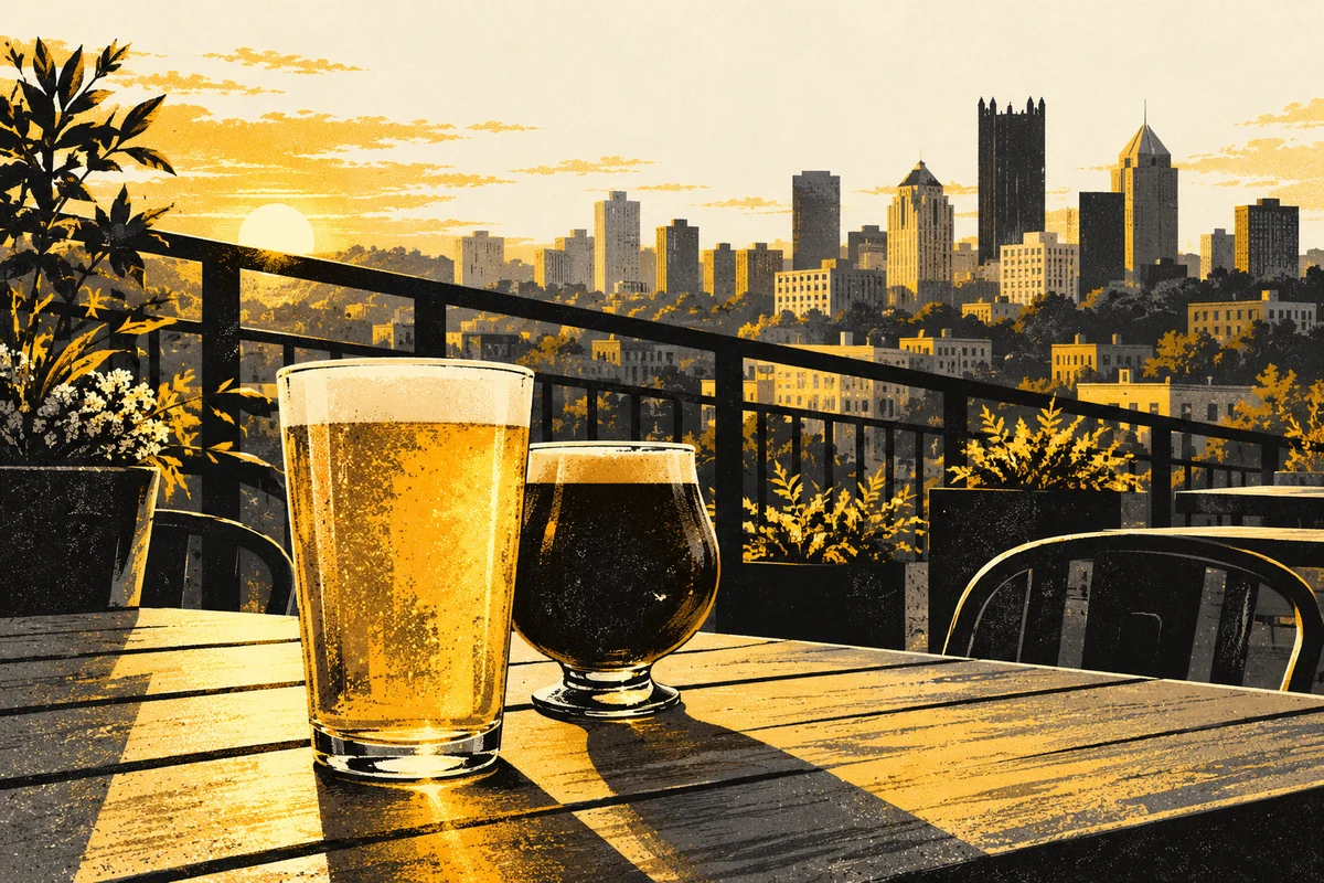 SideStreet illustration of two draft beers on an outdoor deck with a black railing and a stylized Pittsburgh skyline.