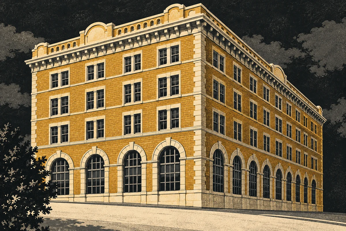 SideStreet illustration of Allegheny YMCA’s historic brick building with tall arched windows, pale stone trim and rounded parapet crests.