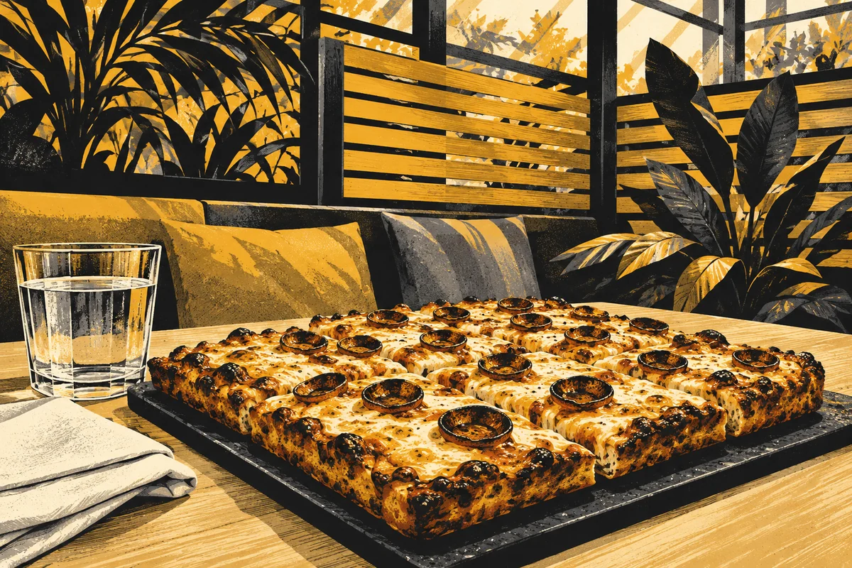 SideStreet illustration of square pizza on a table with wood screens and leafy plants, inspired by Alta Via Pizzeria's indoor patio.