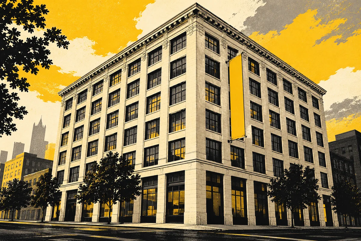SideStreet illustration of The Andy Warhol Museum's pale corner warehouse facade.