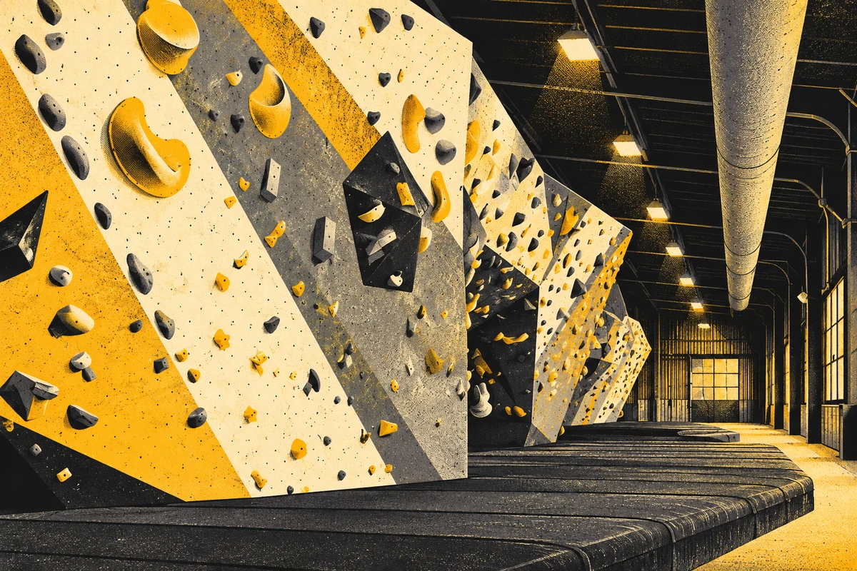 Side Street illustration of ASCEND South Side’s faceted bouldering walls, padded floor and industrial ceiling.