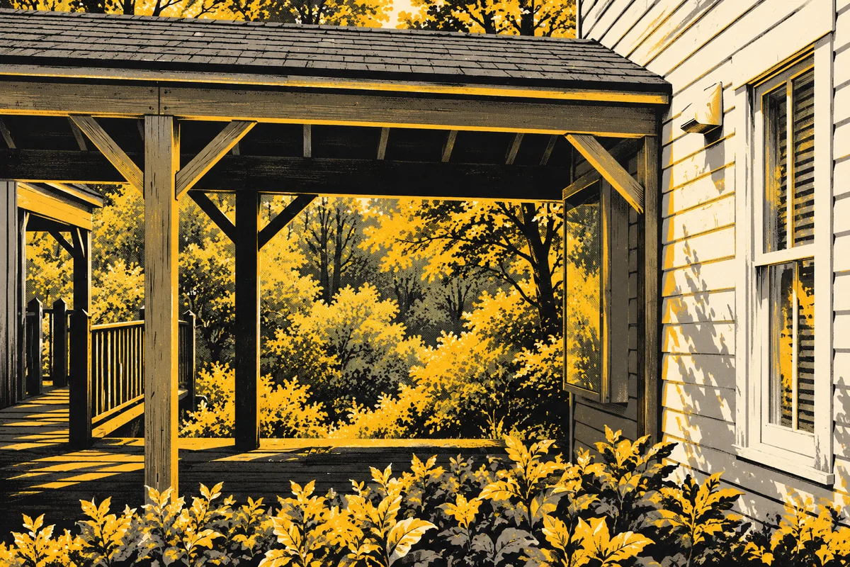 Side Street illustrated interpretation of Beechwood Farms Nature Reserve — Rustic timber pavilion at the nature-reserve entrance beside a white clapboard building and dense planting.