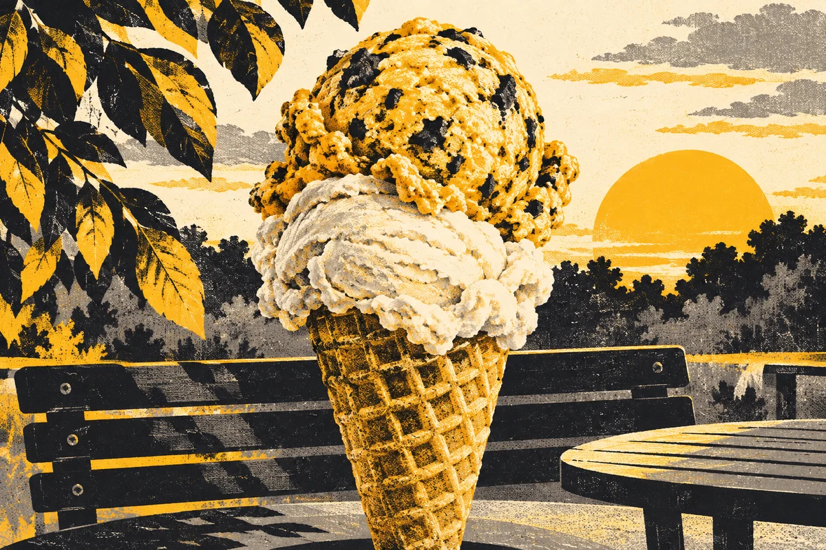 SideStreet illustration of two hand-scooped ice cream scoops in a waffle cone with outdoor seating, inspired by Bruster’s Ingomar.