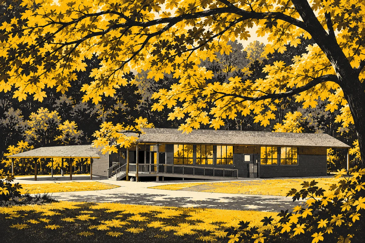 Side Street illustrated interpretation of Buffalo Creek Nature Park — Long low nature-center building with broad windows and a covered porch beneath leafy trees.