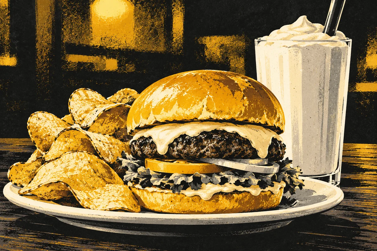 SideStreet illustration of a cheeseburger, potato chips and a thick milkshake, inspired by Burgatory at McCandless Crossing.