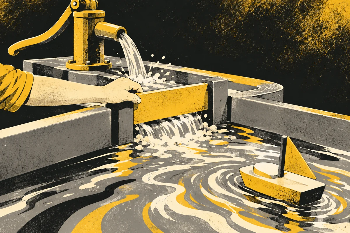 SideStreet illustration of a hand lifting a water-channel gate, a hand pump and a small toy boat.
