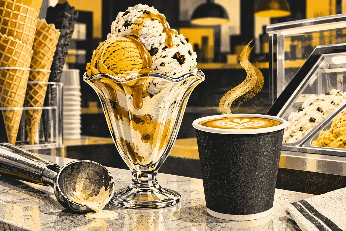 SideStreet illustration of an ice-cream sundae, espresso and waffle cones at an indoor Churn counter.