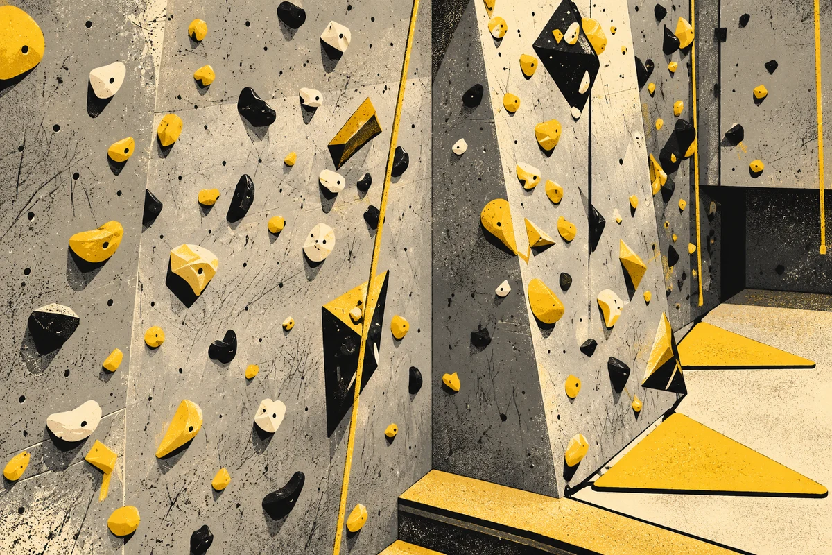 Side Street illustration of Climb North’s indoor wall corners, climbing holds, ropes and triangular landing pads.