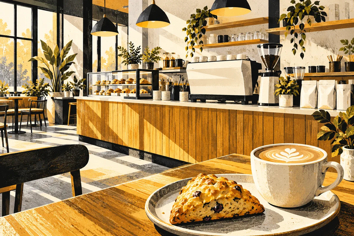 SideStreet illustration of a latte and scone in a bright Convive cafe with a wood counter and espresso machine.