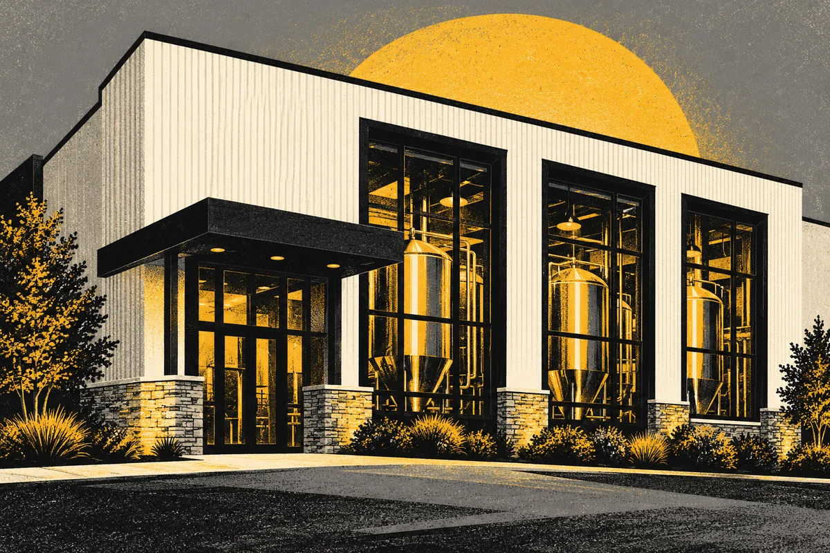 SideStreet illustration of a light industrial brewpub facade, dark windows and brewing tanks inspired by Coughlin’s Law at Mount Nebo Pointe.