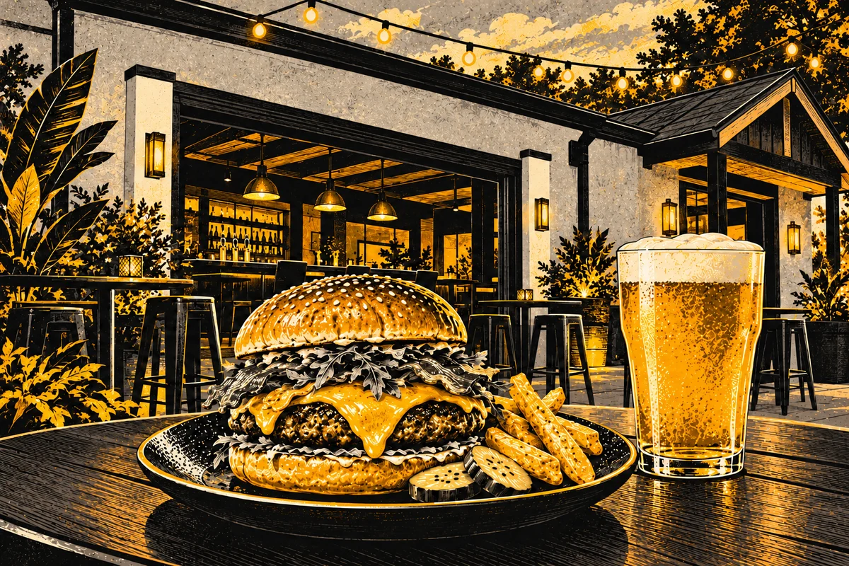 SideStreet illustration of a burger, fries and draft beer at a patio with a low pale facade and open bay.