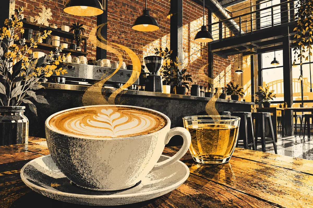 SideStreet interpretation of De Fer's Strip District coffee bar, with coffee and tea in a brick-lined loft cafe.
