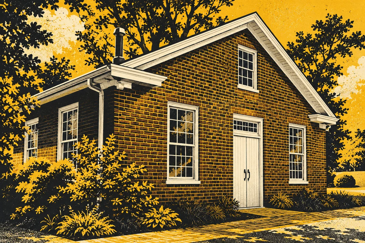 Side Street illustrated interpretation of Depreciation Lands Museum — Modest brick historic museum building with a steep gable, tall white-trimmed windows and white double doors.