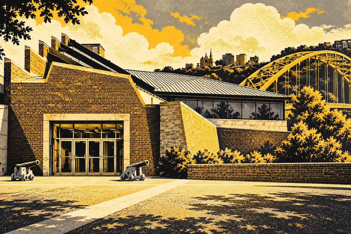 Side Street illustrated interpretation of Fort Pitt Museum — Fort Pitt Museum brick entrance with angular steel/glass roof profile, glass doors, low walls and small cannons, bridge in background.