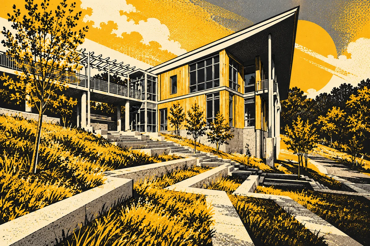 Side Street illustrated interpretation of Frick Environmental Center — Modern timber-and-glass environmental center built into a hillside with concrete terraces and planted slopes.