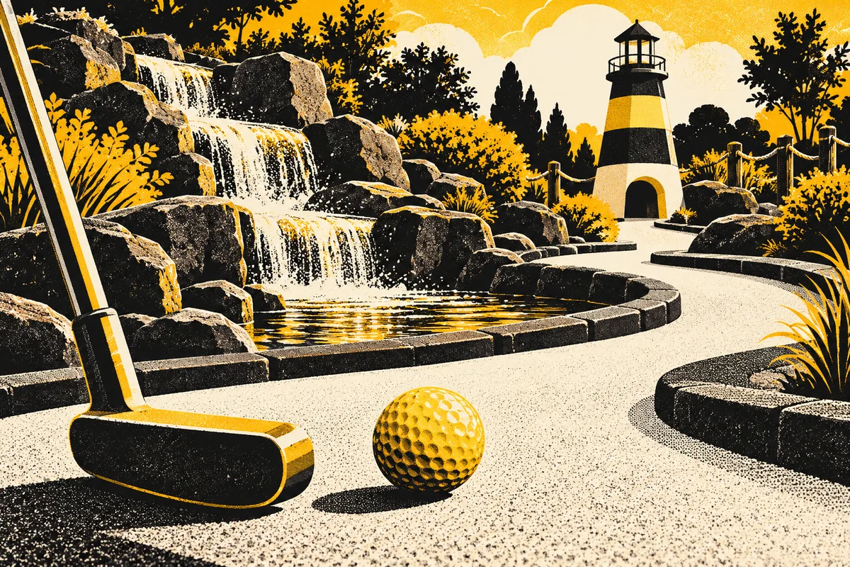 SideStreet interpretation of Fun Fore All's landscaped miniature golf and waterfall.