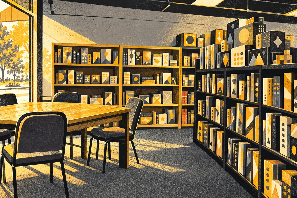 Side Street illustration of Game Masters’ board-game shelves and shared gaming table.
