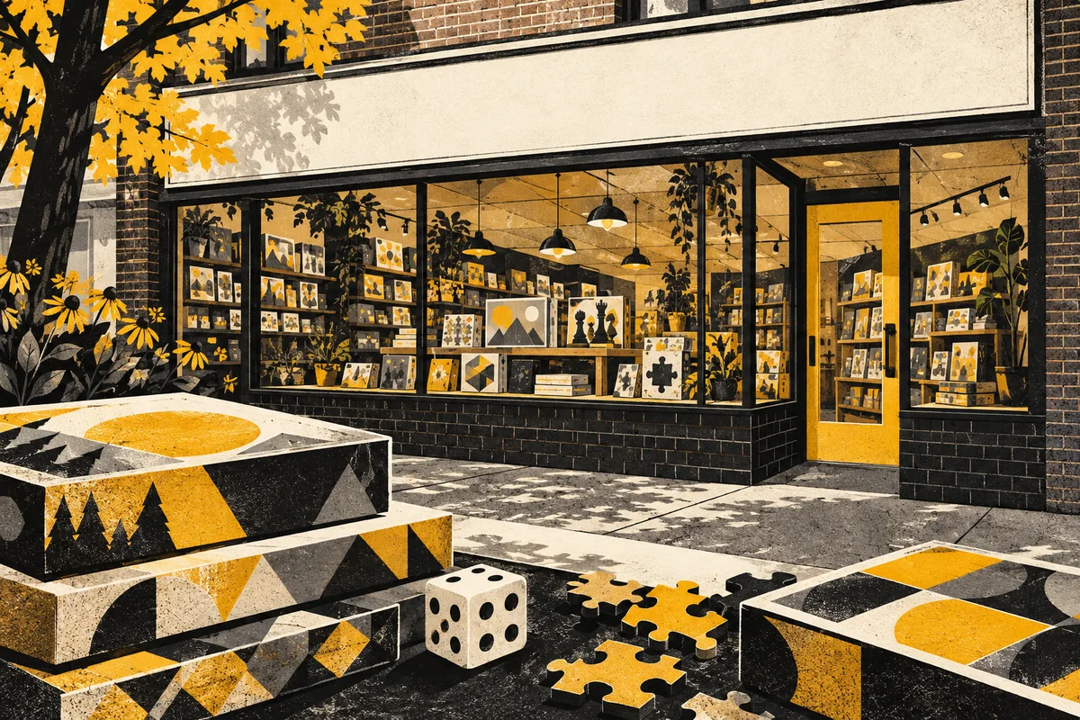 SideStreet illustration of Games Unlimited's Forbes Avenue shop with board-game and puzzle motifs.