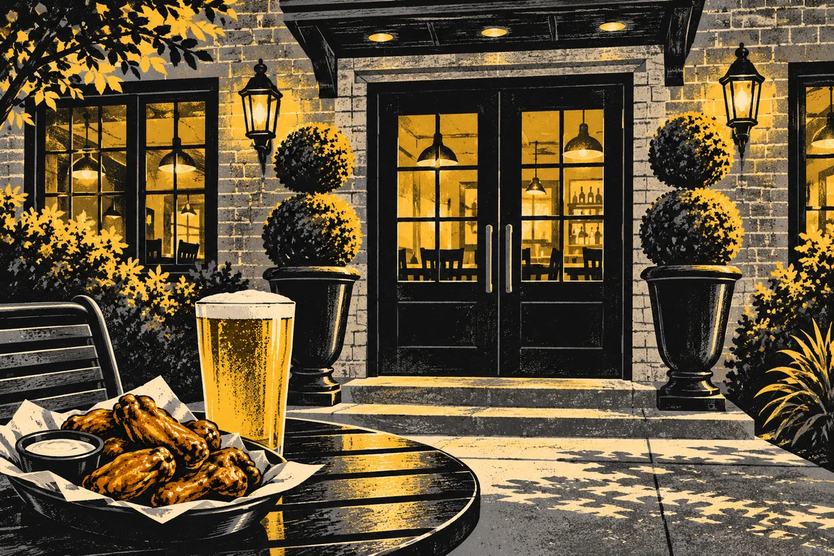 SideStreet illustration of a brick pub entrance with topiary planters, wings and a draft beer, inspired by GoodFellas DraftHouse on Mt. Nebo Road.