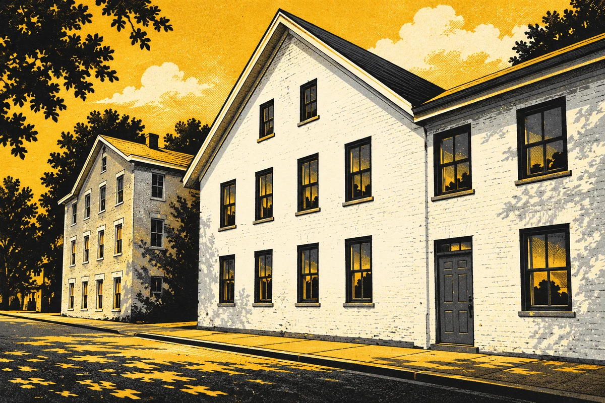 Side Street illustrated interpretation of Harmony Museum — White-painted historic Harmony Museum corner building, dark framed windows, simple gabled roof and quiet street.