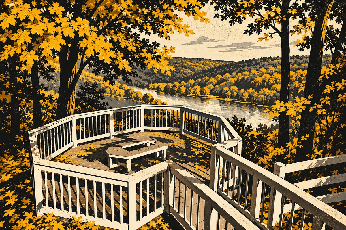 Side Street illustrated interpretation of Harrison Hills Park — Wooden Watts overlook viewing deck with railings and steps, framed by trees over the wooded river valley.