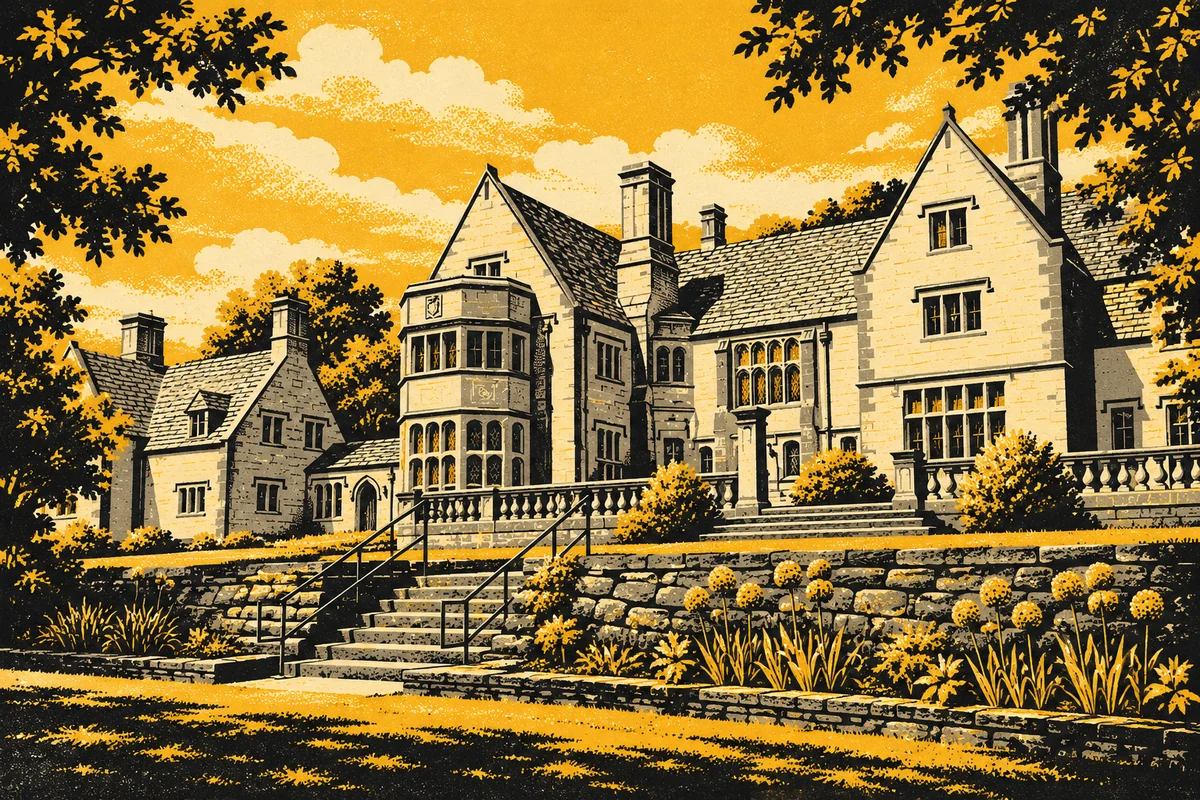 Side Street illustrated interpretation of Hartwood Acres Mansion & Sculpture Garden — Hartwood Acres Tudor mansion, stone walls, complex gables, chimneys, mullioned windows and terraced garden.