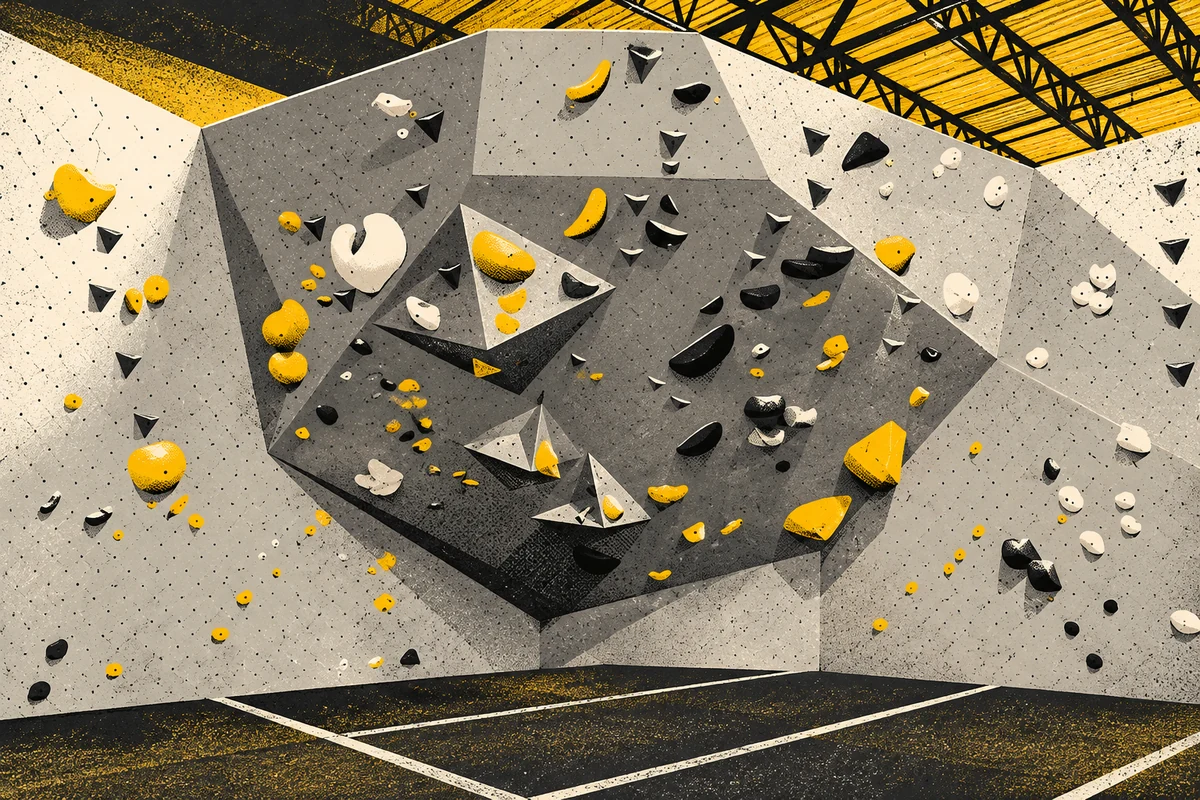 Side Street illustration of Iron City Boulders’ sculpted overhang, geometric climbing volumes and exposed roof trusses.