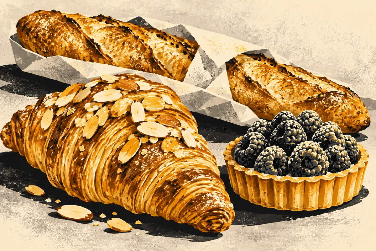 SideStreet illustration of an almond croissant, berry tartelette and baguettes on plain bakery paper.