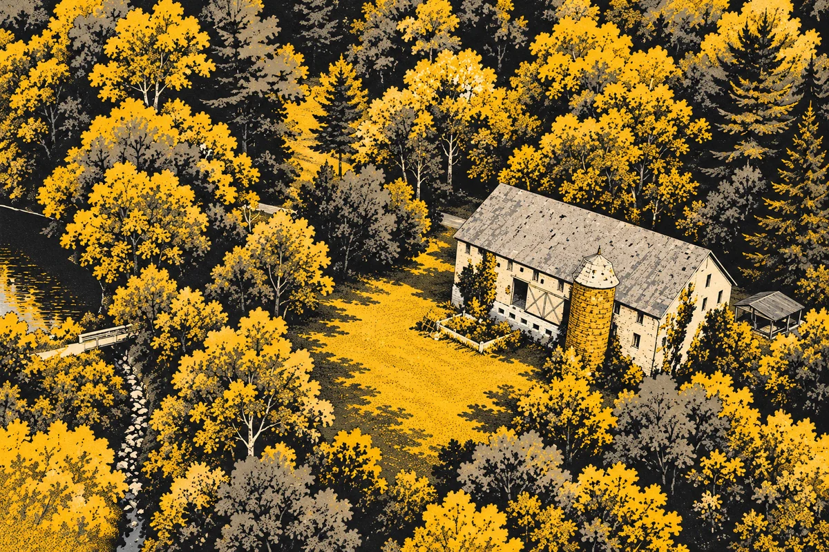 Side Street illustrated interpretation of Latodami Nature Center — Aerial view of Latodami's small pitched-roof barn in a forest clearing.