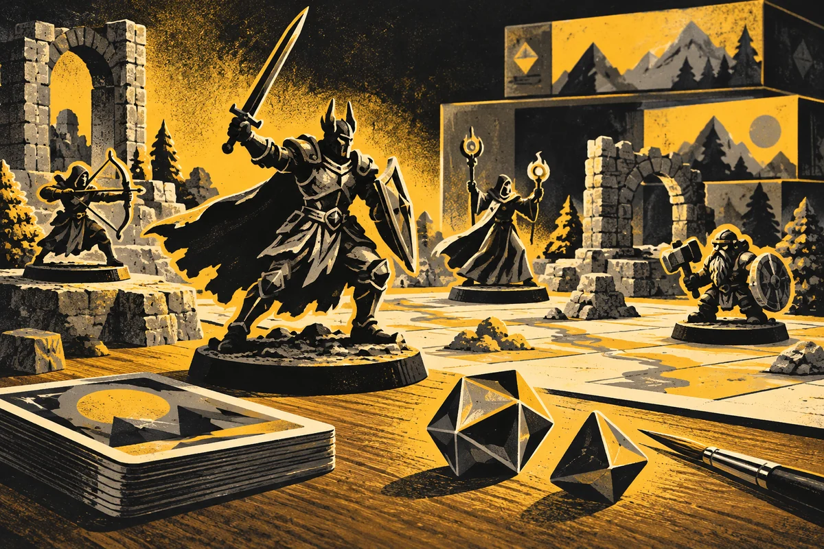 SideStreet illustration of tabletop miniatures, terrain, geometric dice, cards and a hobby brush.