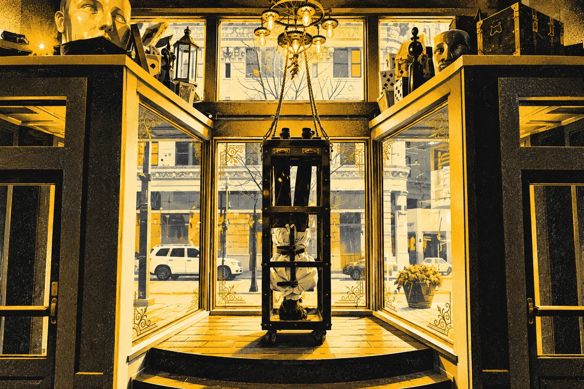 Side Street illustrated interpretation of Liberty Magic — Liberty Magic's intimate wood-trimmed vestibule with glass entrance doors, display niches and warm chandelier.