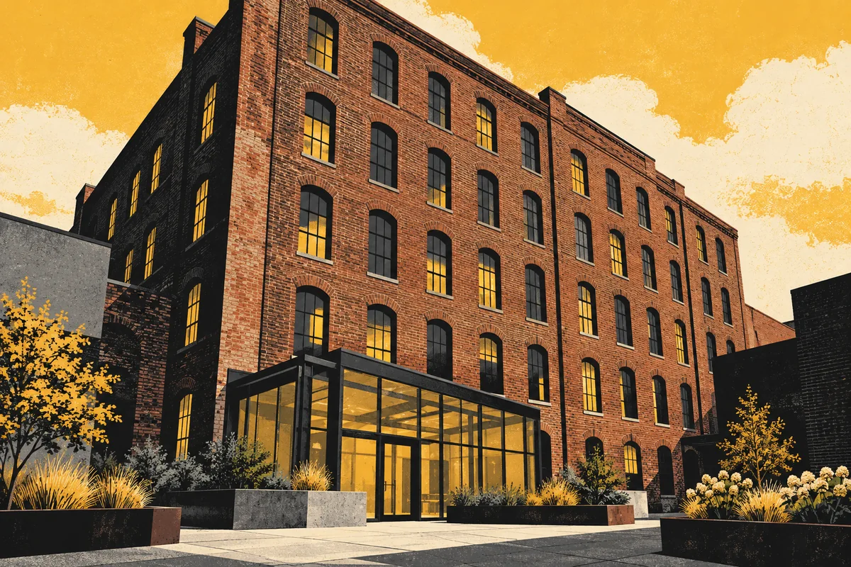SideStreet illustration of Mattress Factory's historic brick museum warehouse.