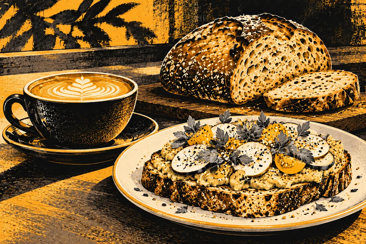 SideStreet illustration of avocado toast, crusty artisan bread and a coffee cup.