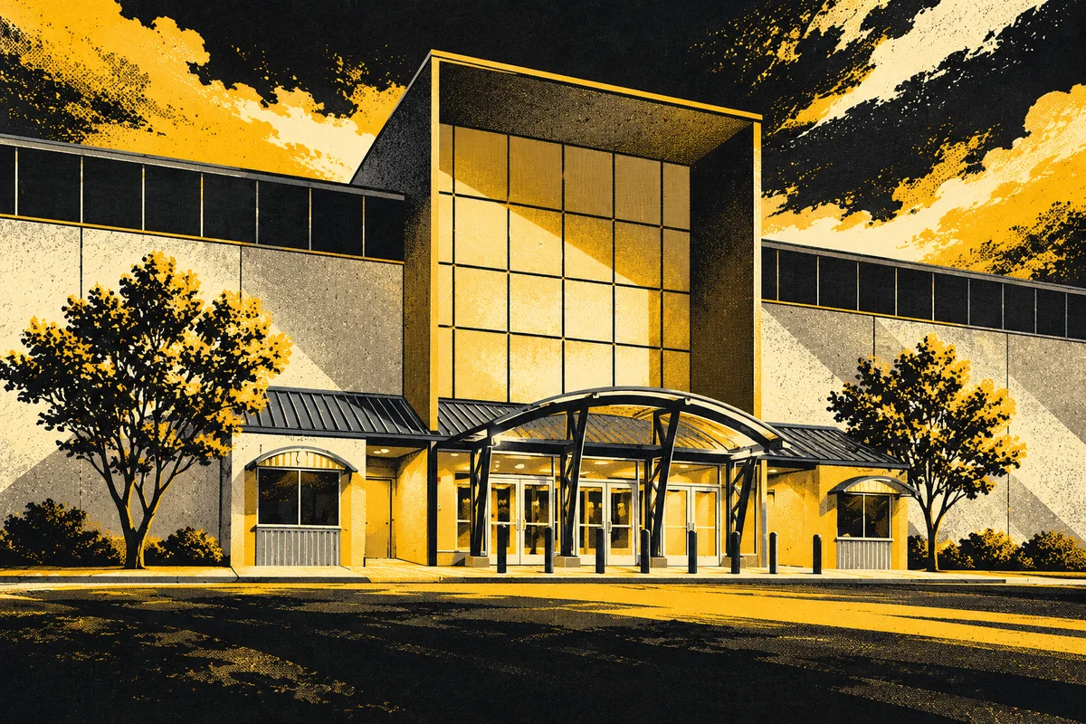 Side Street illustrated interpretation of Monroeville Convention Center — Monroeville Convention Center's broad modern facade, central tall framed entrance, low glass-and-metal canopy and double doors.