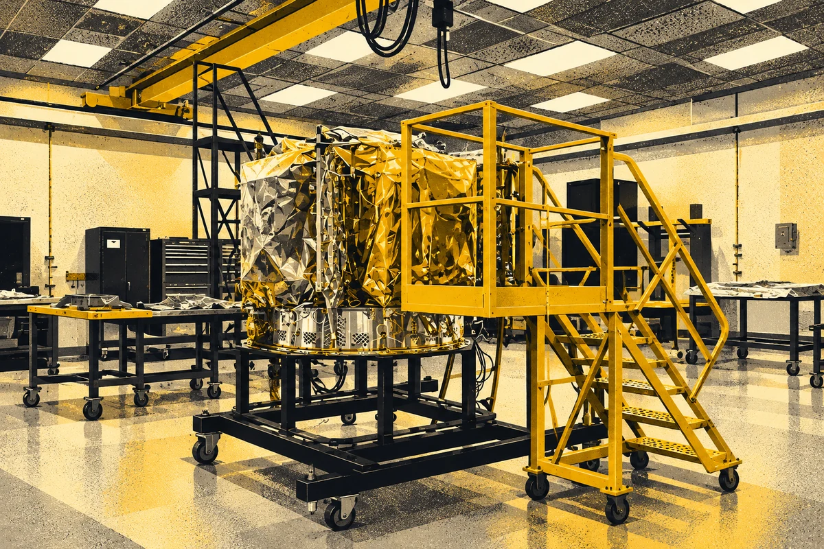 Side Street illustration of spacecraft assembly and access stairs in Moonshot Museum’s Astrobotic cleanroom view.