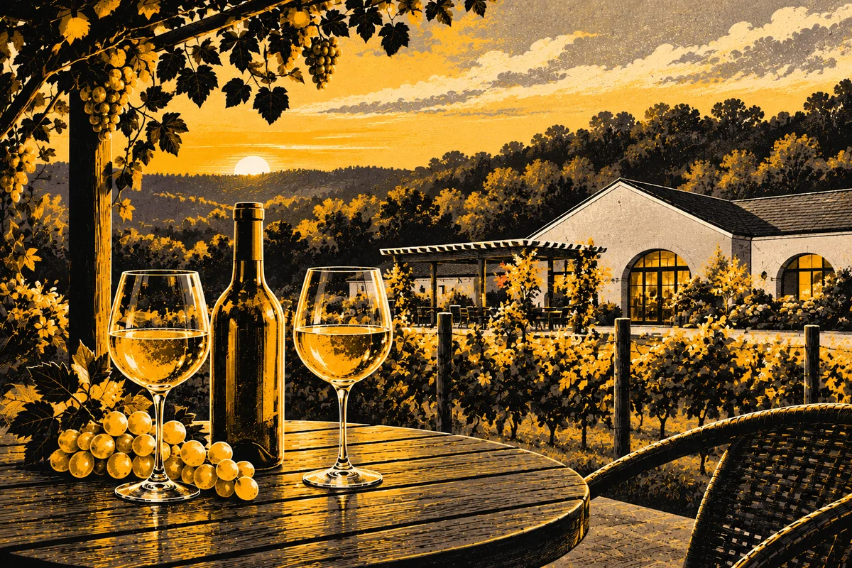 SideStreet illustration of wine glasses and an unlabelled bottle with low winery buildings, a pergola and nearby grapevines.