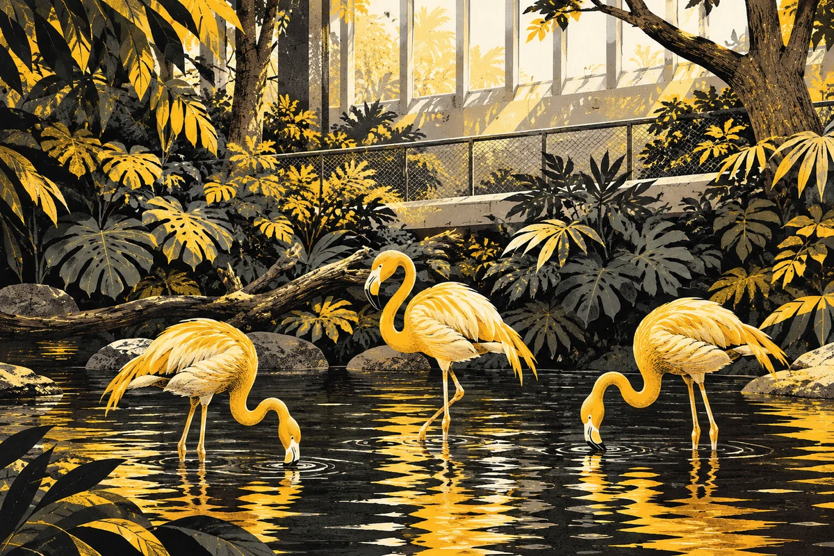 Side Street illustration of flamingos in the National Aviary’s lush indoor Wetlands habitat.