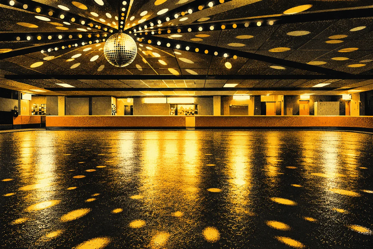 Side Street illustrated interpretation of Neville Roller Drome — Neville Roller Drome polished indoor rink floor under dark ceiling beams and small colorful light fixtures, translated to gold and ivory.