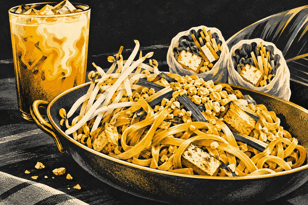 SideStreet illustration of pad thai, fresh rice-paper rolls and Thai iced tea inspired by Nicky’s Thai Kitchen in the North Hills.