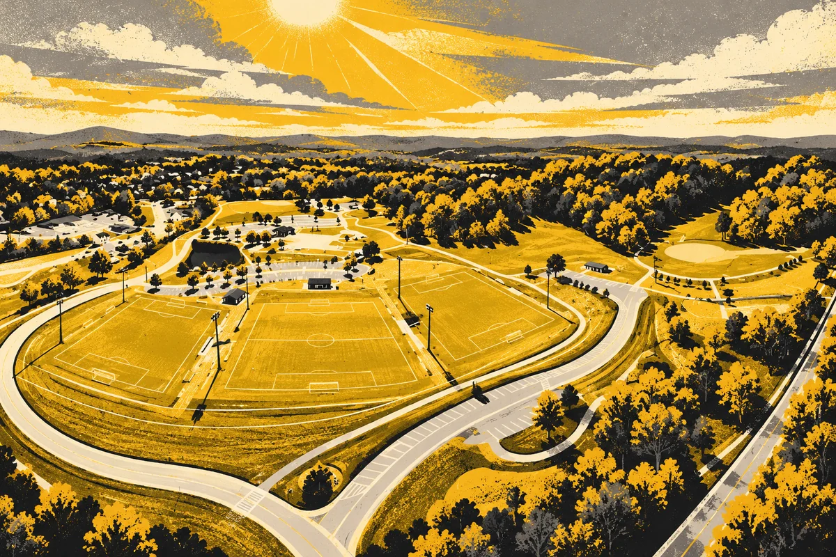 Side Street illustrated interpretation of North Boundary Park — Aerial overview of North Boundary Park's sports fields, curved paths, parking and surrounding rolling wooded land.